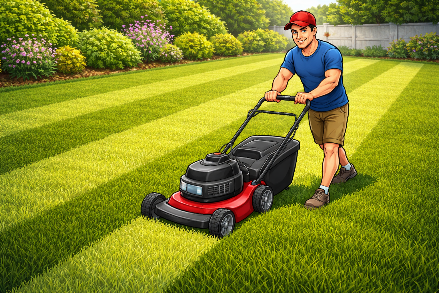 Mower making a pass with visible overlap.